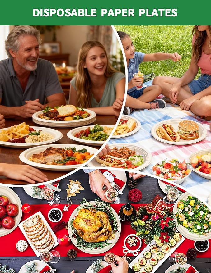 100Pack Disposable Paper Plates 100% Compostable Large Paper Plates Heavy Duty Biodegradable Plate 10Inch BPI Certified Eco-Friendly Plate Perfect for Daily Meals, Dinner, Parties, Wedding