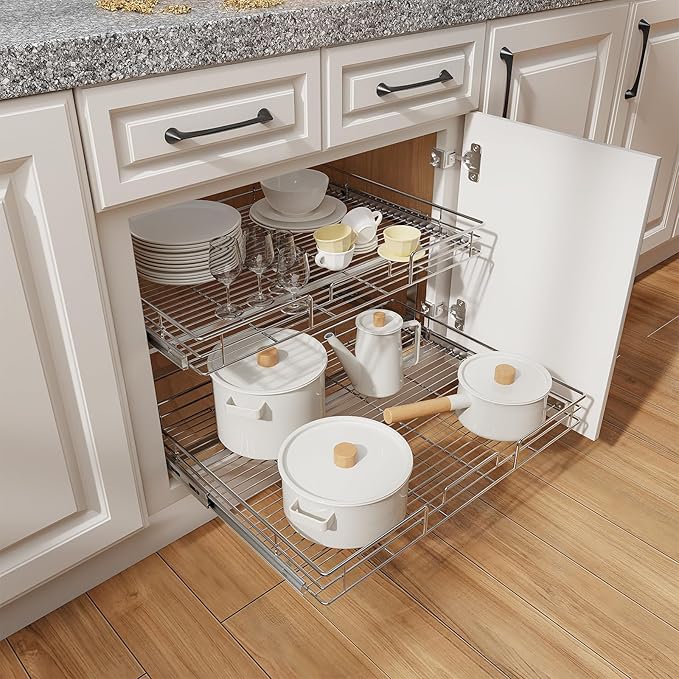 ROOMTEC Individual Pull Out Cabinet Organizer (28쩍" W x 21쩍" D), 2 Tier Spice Rack Organizer for Cabinet, Slide Out Drawer Pantry Shelf Organization and Storage for Kitchen Bathroom
