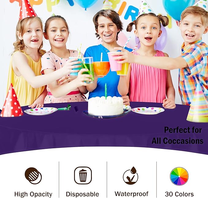 Party Solids 6-Pack Premium Plastic Tablecloth 84in. Round Plastic Table Cover - Purple
