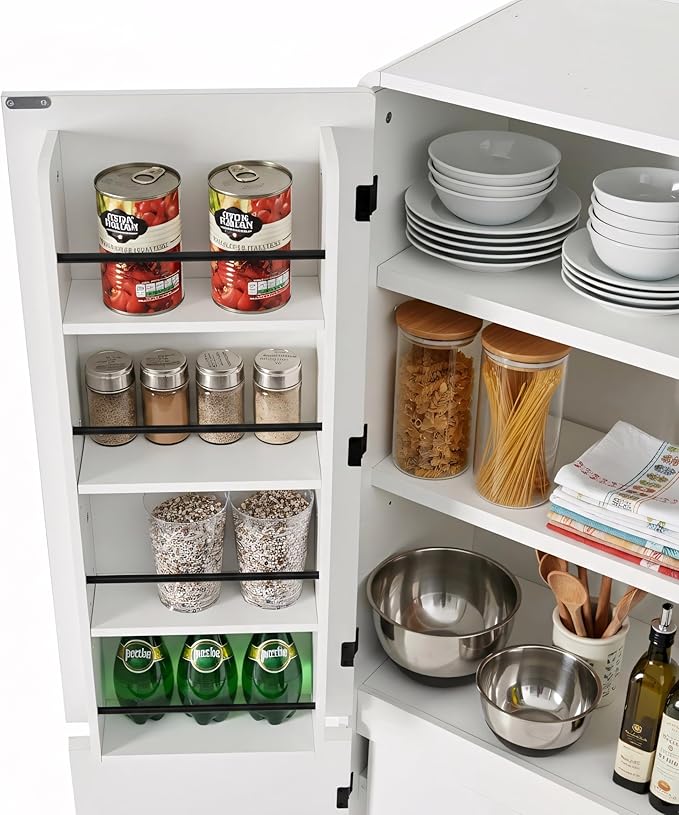 72" Farmhouse Tall Kitchen Pantry Cabinet, Wood Storage Cabinets with Hidden Drawer and 3 Adjustable Shelves, Cupboard with Door Shelves for Kitchen, Dining and Bathroom, White