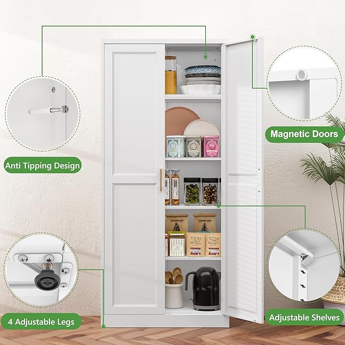 71" Kitchen Pantry Storage Cabinet,White Tall Storage Cabinet With Doors and 4 Shelves,Metal Food Pantry Cabinets for Kitchen Storage,Freestanding Cupboard for Dining Living Room,Assemble Required