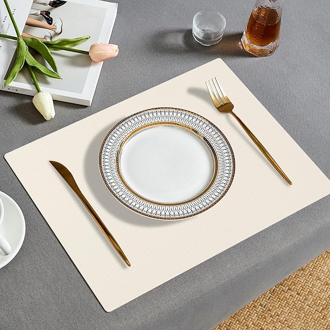 Boobezeen Faux Leather Placemats Set of 6, Heat Resistant Wipeable Washable Vinyl Place Mats, Waterproof Anti-Slip Dining Table Mats, Suitable for Indoor & Outdoor Use (Ivory White)