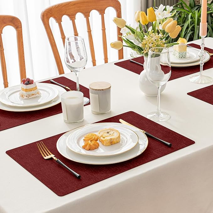 Romanstile Vinyl Placemats Set of 4-12 X 17 Inch - Heat Resistant Place Mats 100% Waterproof Oilproof Wipeable Reversible Faux Leather Table Mats for Kitchen, Dining, Party, Outdoor, Red