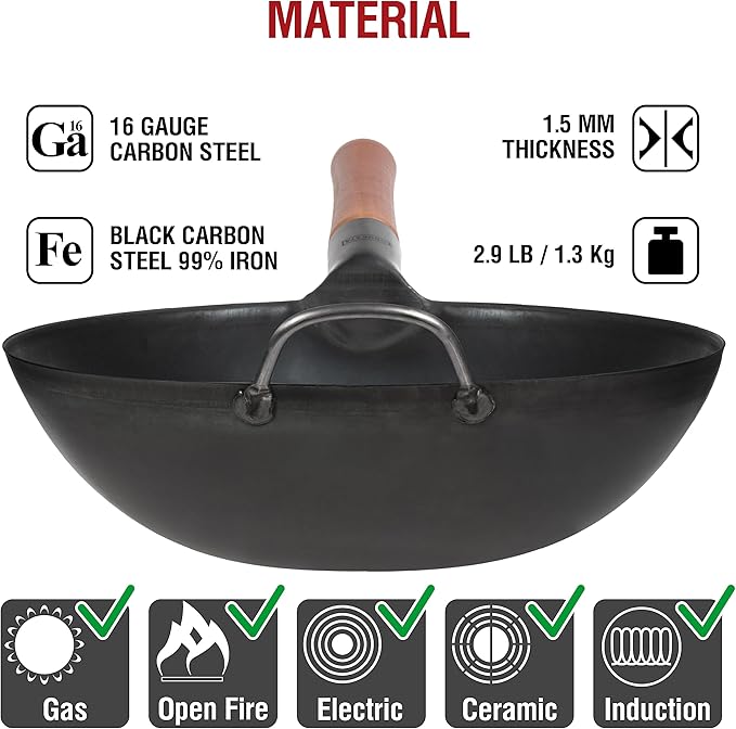 YOSUKATA 11.8" Carbon Steel Wok Pan ??Pre-Seasoned Flat Bottom Pow Wok for Stir Fry, BBQ, Grill & Camping ??Traditional Japanese Chinese Cookware ??Compatible with Induction, Electric, Gas, Open Fire