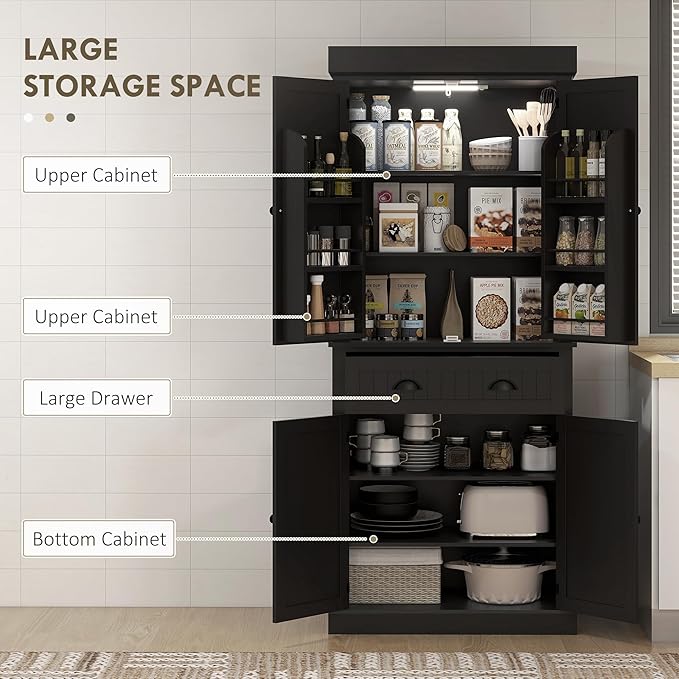 HOMCOM 71" Kitchen Pantry Cabinet with LED Motion Sensor Light, Tall Storage Cabinet with 6 Door Shelves, Drawer & Adjustable Shelves, for Living & Dining Room, Black