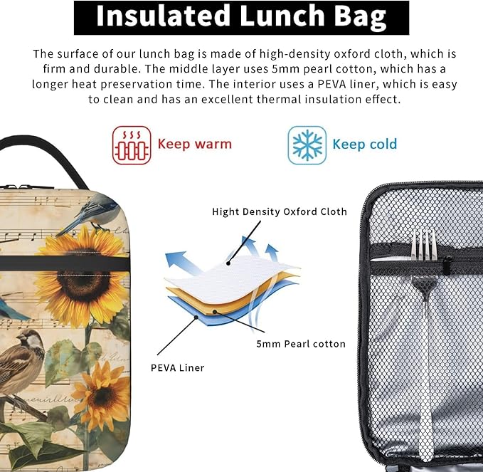 VANZEV Vintage Bird Print Insulated Lunch Box Gifts for Kids Adults Sunflower and Musical Note Design Reusable Portable Lunchbox Cooler Lunchbag for Work Picnic School Travel or Hiking