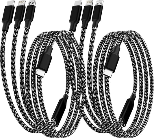 IDISON USB C Multi Charging Cable [2Pack 4FT], 3 in 1 Charging Cable Nylon Braided USB-C Multiple Charger Cord with Type-C, Micro USB and IP Port for iPhone 16/15 Series/Cell Phones and More
