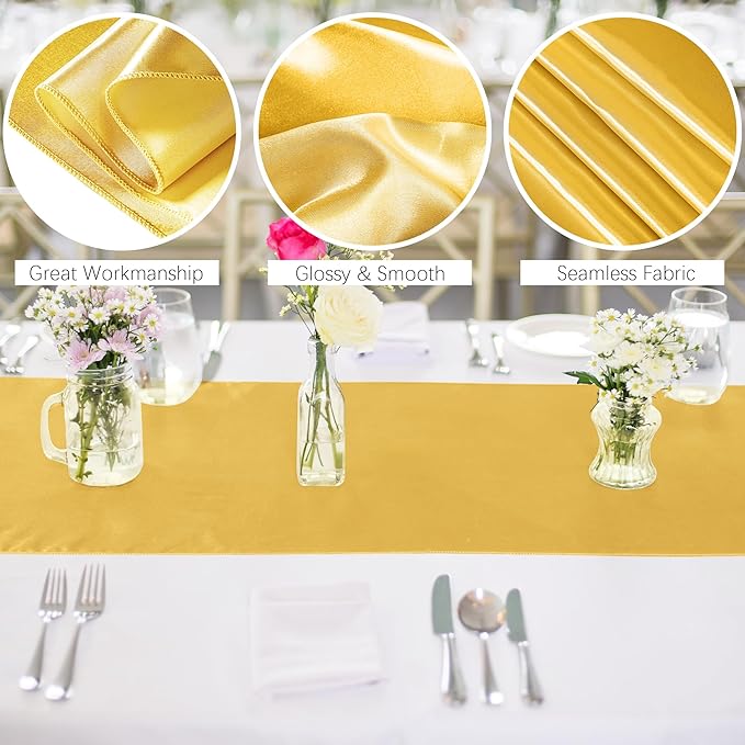 Aneco 4 Pack Satin Table Runner 12 x 108 Inch Golden Long Bright Silk and Smooth Fabric Party Table Runner for Wedding Banquet Party Decoration