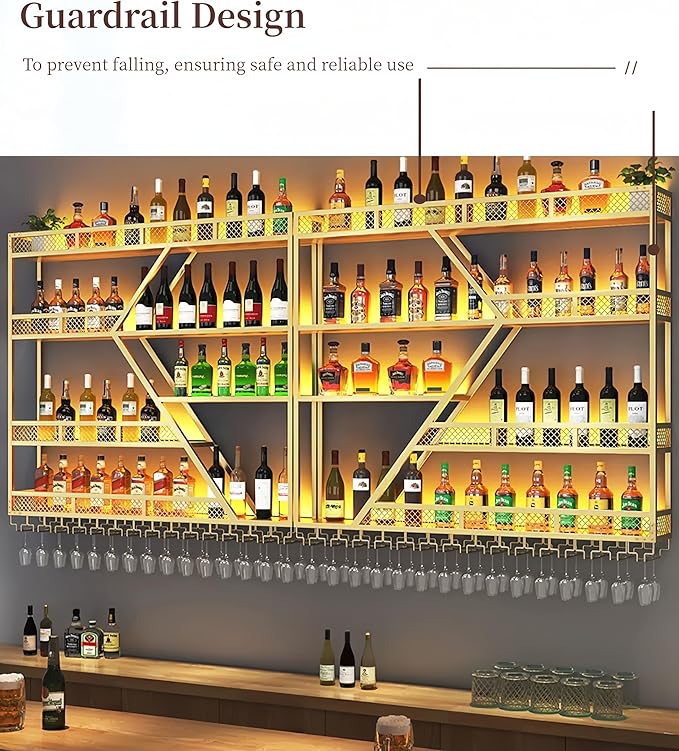 59 Inch Metal Wine Rack Wall Mounted, Modern Bar Shelves Wall Mounted Wine Rack with LED Light, Liquor Shelf Wall Mounted, Bar Shelves for Liquor Bottles (Gold with Blue led, 59-3 Tier)