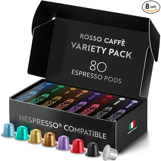 ROSSO CAFF횊 Espresso Coffee Pods for Nespresso Original Machines - 80 Capsules Variety Pack, 8 Signature Flavors, Medium to Dark Roast - Made in Italy