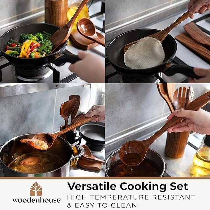 Wooden Spoons for Cooking ??Wooden Cooking Utensils Set with Holder, Spoon Rest & Hooks, Teak Wood Nonstick Kitchen Cookware ??Durable Set of 12pcs by Woodenhouse