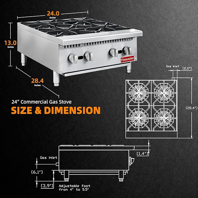 4 Burner Commercial Hot Plate, 24" Countertop Gas Stove Stainless Steel Natural Gas Range with Propane Conversion Kit Cooking Equipment for Restaurant Kitchen-100000 BTU