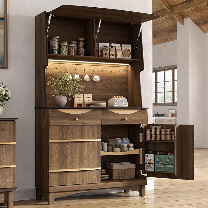 STO'SENSE 72?쇺?Kitchen Pantry Cabinet w/Power Outlets, Tall Storage Cabinet w/LED Light, FILP-up Door & Pegboard, Freestanding Kitchen Hutch w/Drawers, Solid Wood Handles (Walnut)