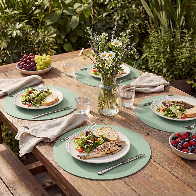Artoid Mode Sage Faux Leather Placemats Set of 4, 15 Inch Waterproof Wipeable Heat Resistant Place Mats, Reversible Table Mats for Spring Kitchen Dining Decor