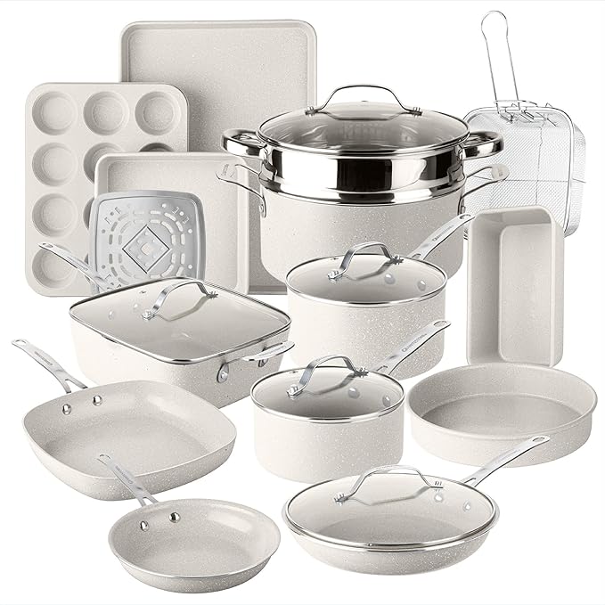 Granitestone 20 Pc Ceramic Cookware Set Nonstick, Complete Pots and Pans Set Non Stick for Kitchen with 5 Pc Bakeware Set, Deep Frying Pan Set, & Steamer, Non Toxic PFOA Free, Oven & Dishwasher Safe