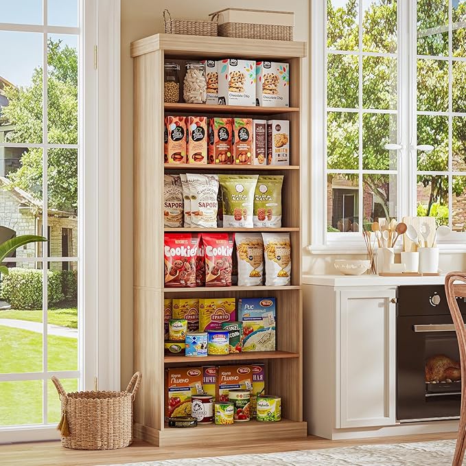 70.8" Tall Farmhouse Bookshelf with Glass Doors, Modular Bookcase with 6-Tier Adjustable Shelves, Large Storage Cabinet for Kitchen, Living Room, Brown, Set of 4
