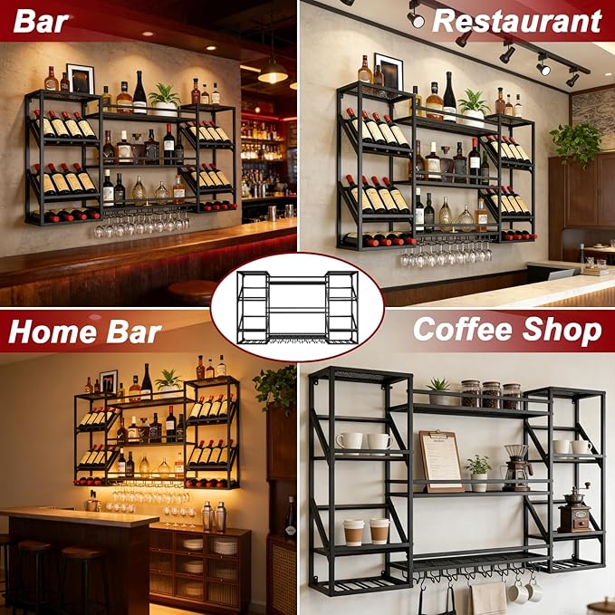 Wall-Mounted Wine Rack, 3-Tier Wine Bottle Display Shelf with Glass Holder, Metal Wine Rack Wall Mounted for Home Bar Kitchen Dining Room Coffee Shop (Black, 39in)