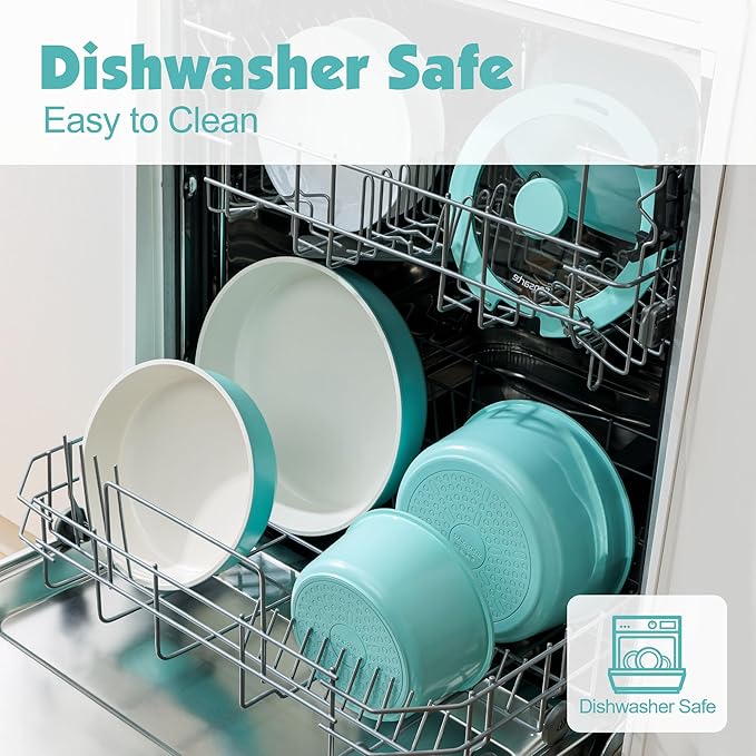 SENSARTE 17 Piece Ceramic Pots and Pans Set, Nonstick Detachable Handle Cookware, Induction Kitchen Cookware Set with Removable Handle, Dishwasher 竊?Oven Safe (Turquoise)