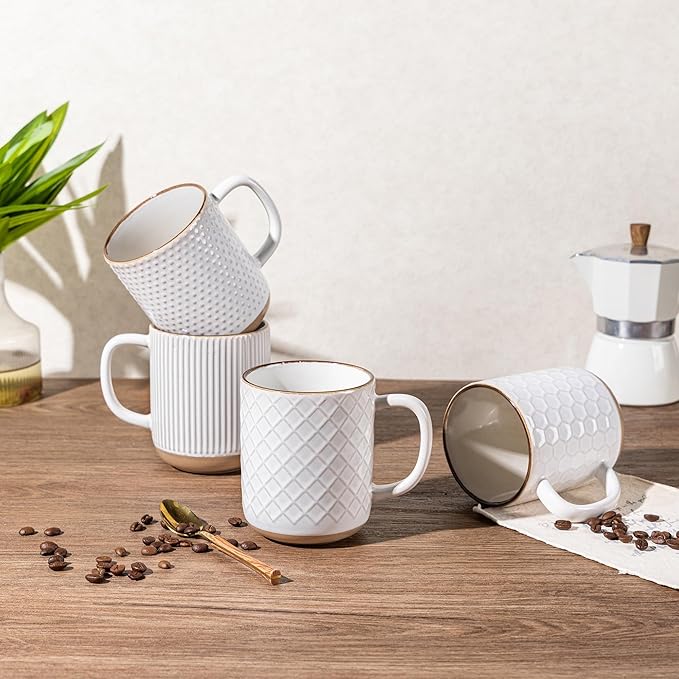 GBhome Ceramic Coffee Mugs Set of 4, 12oz Handmade Stoneware Coffee Mugs Set with Large Handle for Cappuccino/Latte/Tea/Hot Cocoa, Dishwasher & Microwave Safe, Off White