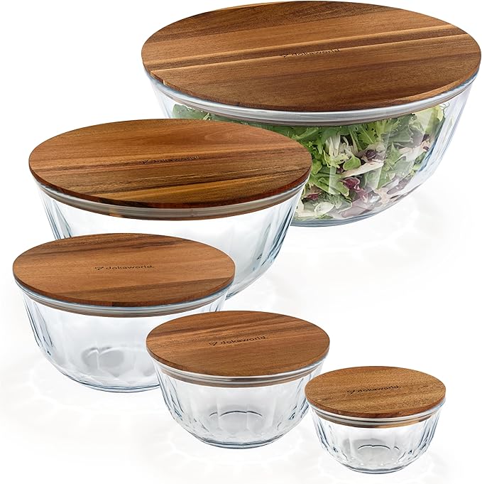 Large Stackable Set of 5 Nesting Glass Bowls with Acacia Lids for Foodprep, Storage, Baking, Sourdough Mixing & Cooking. Microwave & Oven Safe Heat Resistant Inert Borosilicate Glass