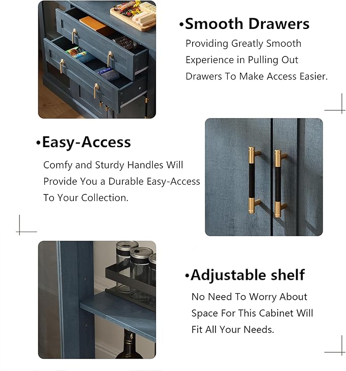 58.2'' Modern Sideboard Buffet Cabinet with Storage, Accent Coffee Bar Cabinet with 2 Glass Doors,Sideboard Credenza with Two Drawers and Adjustable Shelves,Blue