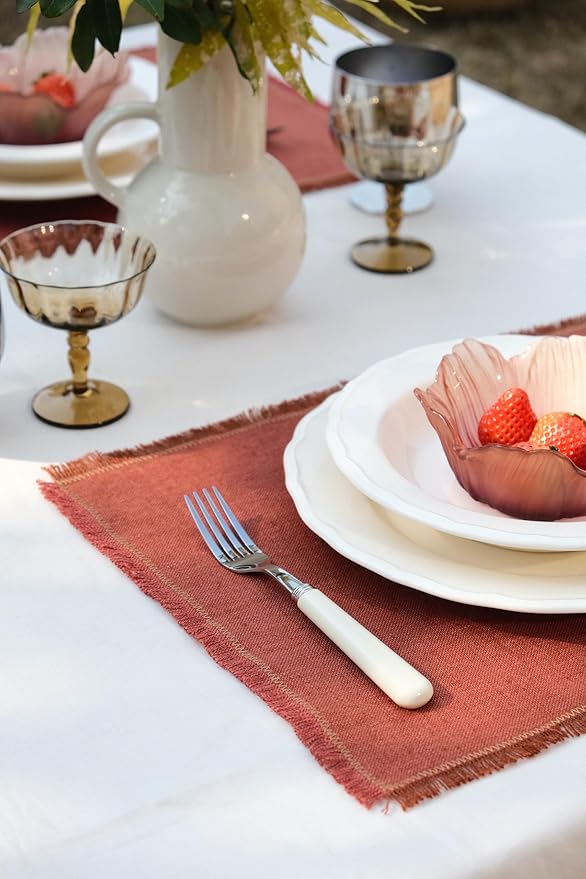 Noalumea 100% Linen Placemats Set of 4 ??Thick Terracotta Table Mats with Hand-Frayed Edges, Machine Washable, Elegant Dining Table Decor for Everyday Meals & Holiday Gatherings, 14 x 19 Inch