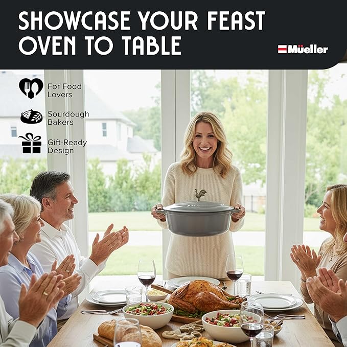 MUELLER HOME 5.5 Quart Enameled Cast Iron Oval Dutch Oven with Rooster Knob & Cotton Potholders, Heavy-Duty Cookware, Oven-Safe up to 500째 F & Across All Cooktops, Gifts for Grandma & Women, Gray