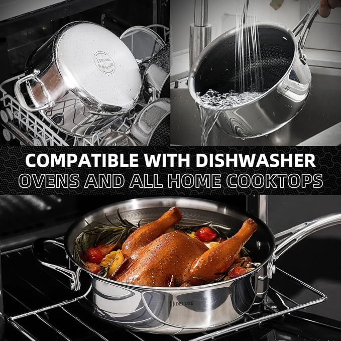 Deluxe 13 Piece Hybrid Ceramic Nonstick Stainless Steel Cookware Set-5 Piece Frying Pan Set, 6 PC Pot Set, 3.7QT Deep Saut챕 Pan&Lid, Induction Ready, Stay Cool, PFOA Free Compatible with All Cooktops