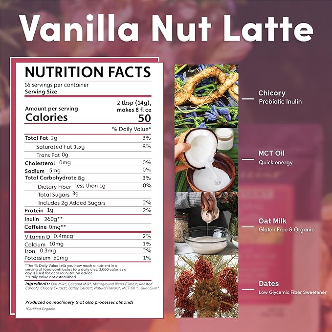 Teeccino Organic Instant Vanilla Nut Herbal Latte ??14 Servings ??Creamy Oat & Coconut Latte Plus MCT Oil with Vanilla & Dates Accenting Roasted Chicory ??Prebiotic, Caffeine-Free ??7.9 ounces