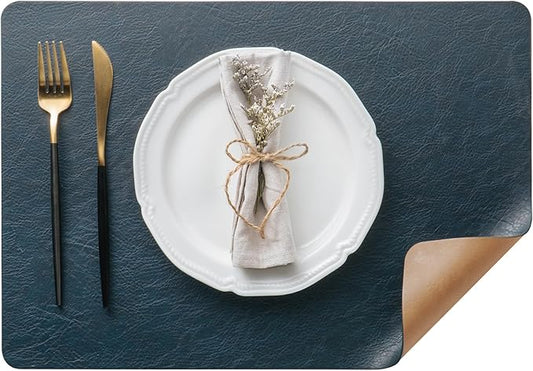DOLOPL Placemats Set of 12 Reversible Dual-Color Table Placemats??Heat Resistant Wipeable & Washable Place Mats, Luxury Faux Leather Table Mats for Vintage Dining Table Decor(Camel & Navy Blue)