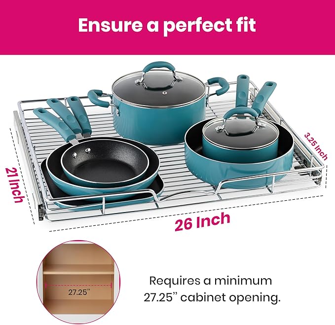 HOLDN??STORAGE Pull Out Cabinet Organizer, Heavy Duty Caddy w/Lifetime Limited Warranty -26?쓂 x 21?쒭 - Requires At Least 27-1/4??Cabinet Opening, Steel Metal Cabinet Drawers Slide Out, Chrome