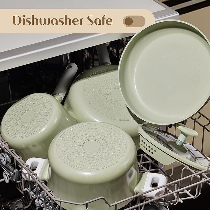 CAROTE Pots and Pans Set Nonstick, Ceramic Cookware Set, Green Cooking Set Kitchen Induction Set with Steamer, PFAS PTFE Free,9 Piece