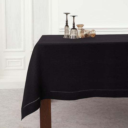 Solino Home Black Linen Tablecloth 60 x 144 Inch - Classic Hemstitch, 100% Pure Linen Rectangular Tablecloth - Machine Washable Table Cloth for Spring, Easter