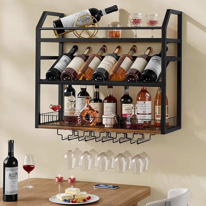 Hoctieon Wall Mount Wine Rack, Wall Mounted Wine Bottle Rack for Display and Storage, Hanging Bottle Holder, for Living Room, Dining Room,Bar, Wine Cellar, Rustic Brown