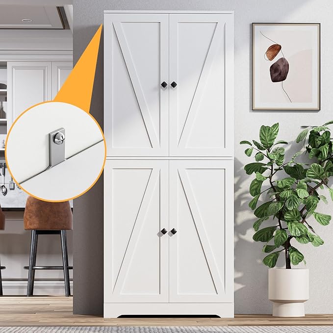 LYNSOM Farmhouse Storage Cabinet with Doors Set of 2, Kitchen Pantry Cabinet with 4 Barn Door and Adjustable Shelves, White Storage Cabinets for Kitchen, White