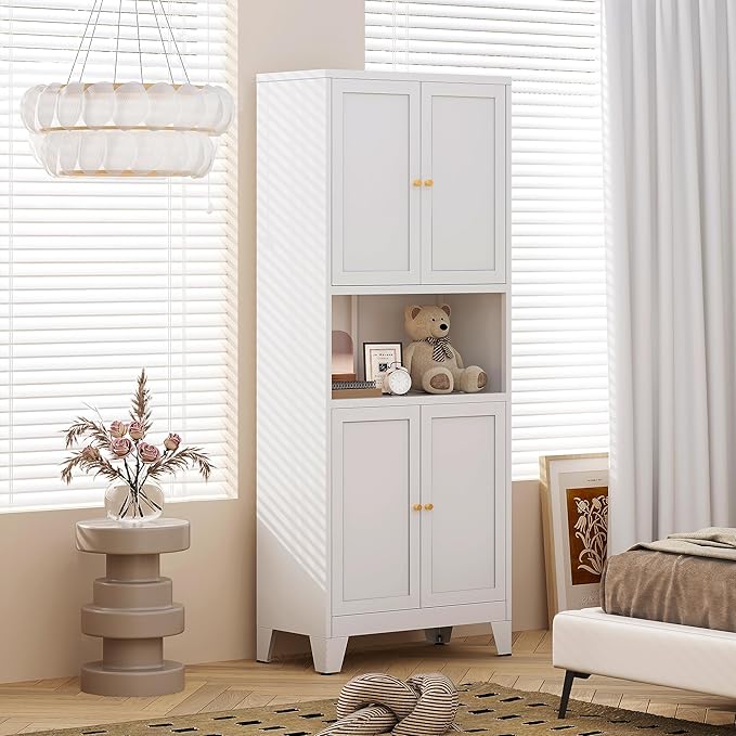 69"H Kitchen Pantry Cabinet with Countertop and Microwave Shelf,Metal Microwave Stand Cabinet with Storage竊똚hite Farmhouse Food Storage cabinet,Tall Freestanding Pantry Cabinets for Dining Room