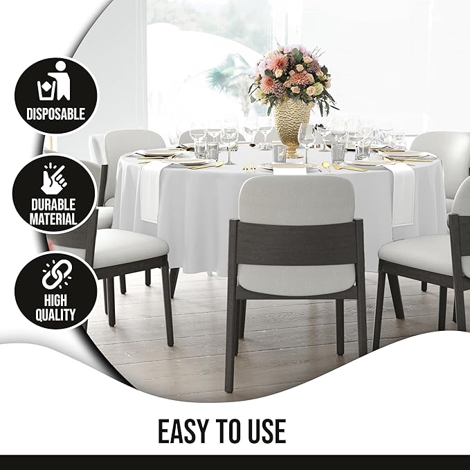 Party Solids 12-Pack White Round Plastic Tablecloth Disposable ??Size: 90 Inches ??Round Plastic Table Cloths for Parties, Picnics & Formal Events