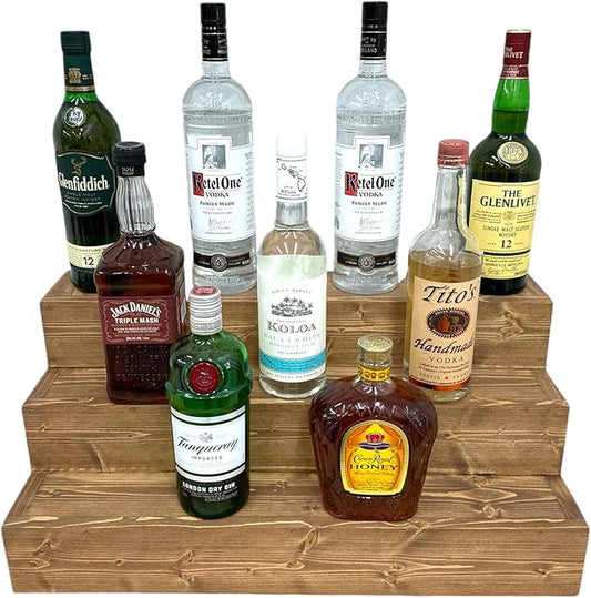 Handmade Tiered Display Shelving - Three Tier Bar Display - Bar Organizer - Liquor Bottle Display (24" with Back, Special Walnut)