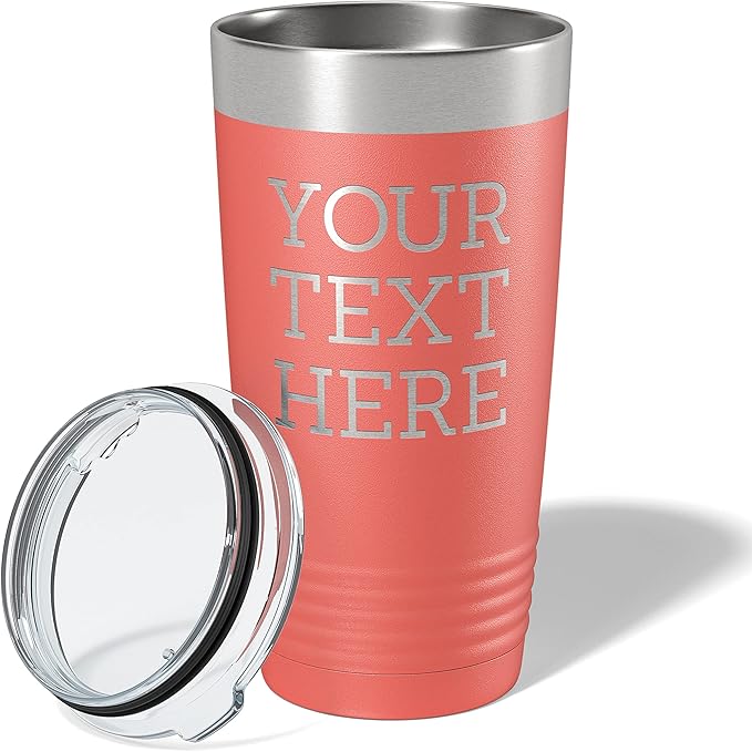 Personalized 20oz (17 Colors) Powder Coated Insulated Stainless Steel Tumbler with Lid, Custom Etched, Customized Text Message Name, Engraved Gift Idea Women Men Him Her, Your Text Here (Coral)