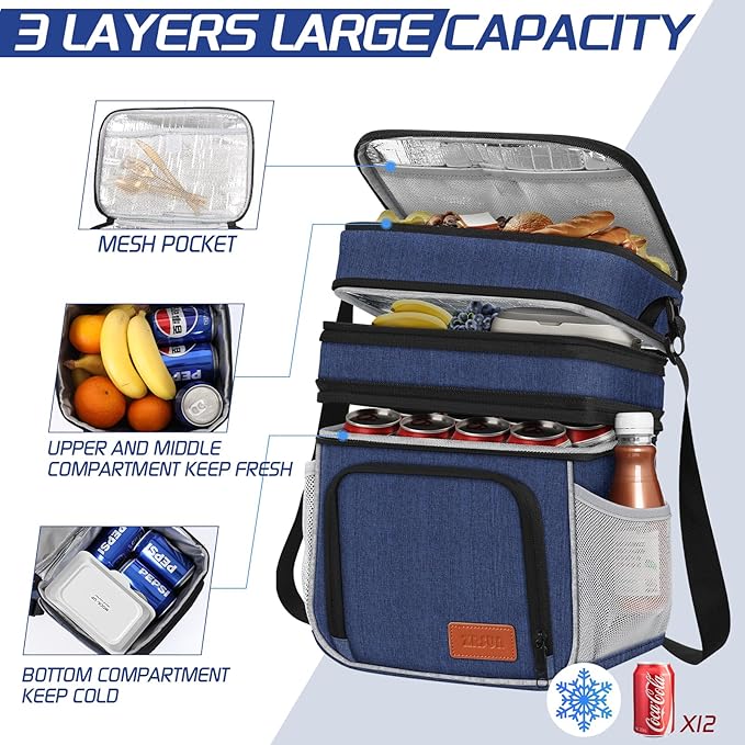 ZRSUN Insulated Lunch Bag for Women Men, Reusable 3 Layers Lunch Box Women, Expandable Reusable Water-resistant Lunch Box for Work Travel Office Picnic Hiking (Navy Blue)