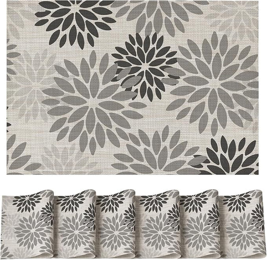 Artoid Mode Floral Vinyl Placemats Set of 6, Heat Resistant Washable Non-Slip Plistic PVC Place Mats for Halloween Party Kitchen Dining Decor, Gray