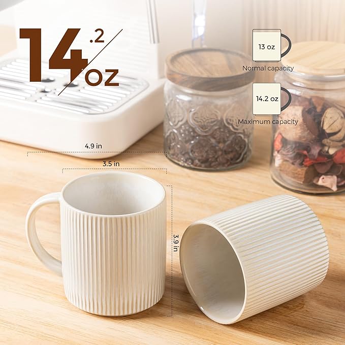 theterra Ceramic Coffee Mugs Set of 6, 14.2oz Handmade Coffee Cups with Handle for Latte, Tea, Milk, Beer, Hot Cocoa, Reactive White