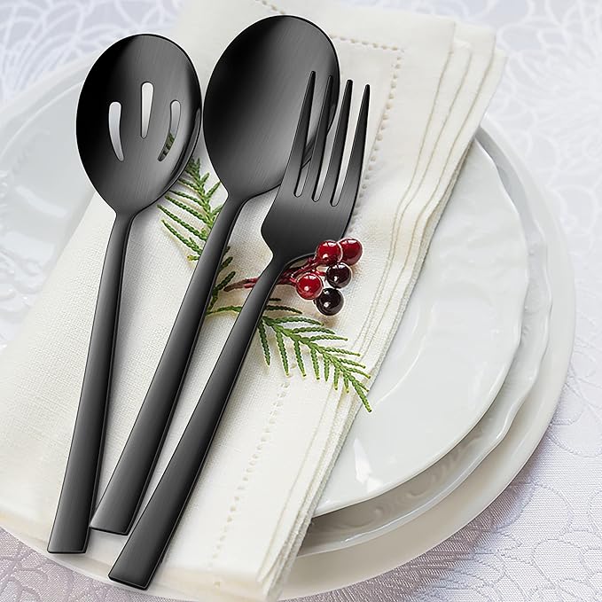 E-far Matte Black Serving Utensils Set of 6, Stainless Steel 8.7 Inch Hostess Serving Set Including MetalSlotted Spoons Forks for Party Buffet Catering, Square Edge & Rust Free