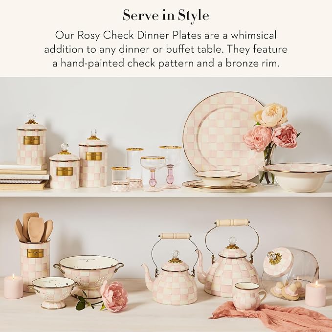 MACKENZIE-CHILDS Enamel Dinner Plate, Decorative Dinnerware Plate, 10 Inches, Set of 4, Pink-and-White Rosy Check