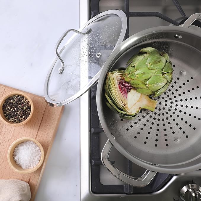 Sur La Table Kitchen Essentials Chef's Deck 3-Piece 5.3-Quart Stainless Steel Dutch Oven with Steamer Insert & Glass Lid ??Induction Ready, Tri-Ply Base, Polished Finish & Hollow Stay-Cool Handles