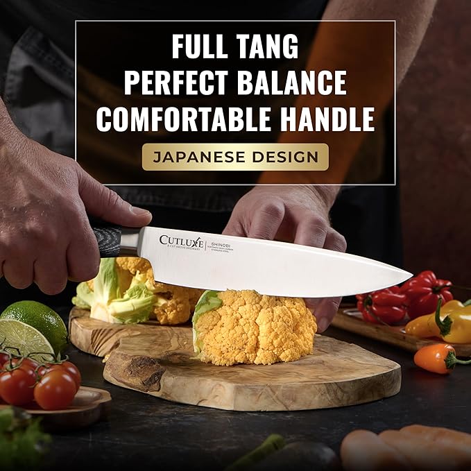Cutluxe Chef Knife ??Ultra Sharp 8" Japanese Kitchen Knife, High Carbon Stainless Steel Blade, Full Tang Pakkawood Handle ??Shinobi Series