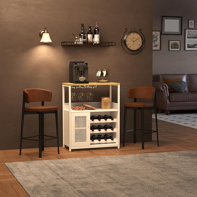 Vintage Industrial Wine Bar Cabinet with Adjustable Wine Racks and Glass Holders, Mesh Door Sideboard Storage Cabinet for Living Room, Kitchen, Dining Room, Compact Design, Easy Assembly,White