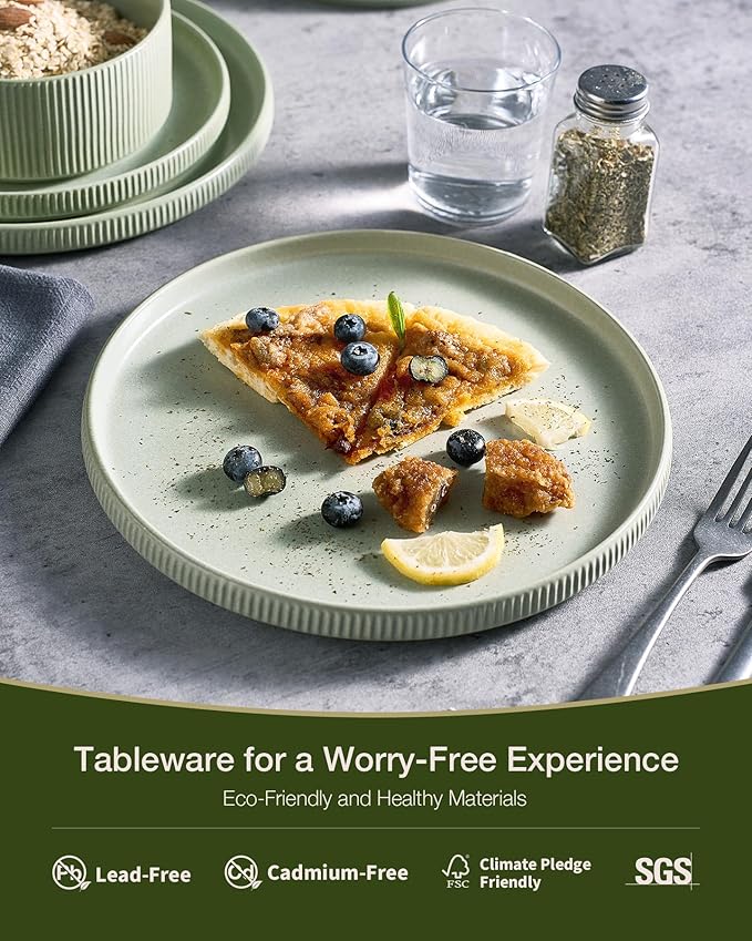 Famiware Star Dinnerware Set, Plates and Bowls Sets for 6 (18pcs), Ribbed Stoneware Dishes - Chip & Scratch Resistant, Microwave & Dishwasher Safe Kitchenware, Matte Sage Green