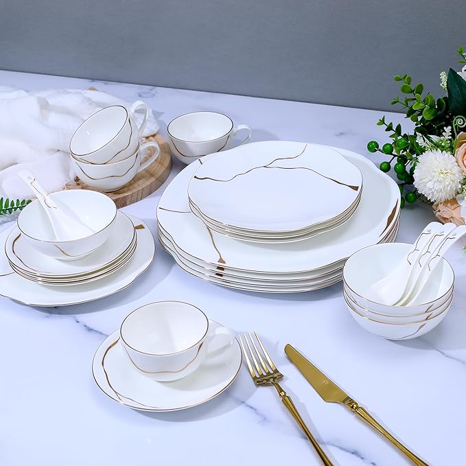 24 Piece White Porcelain Dinnerware set for 4,Plates and Bowls Sets With Gold Rim and gold accents,Highly Chip and Crack Resistant | Dishwasher Safe Dishes Set