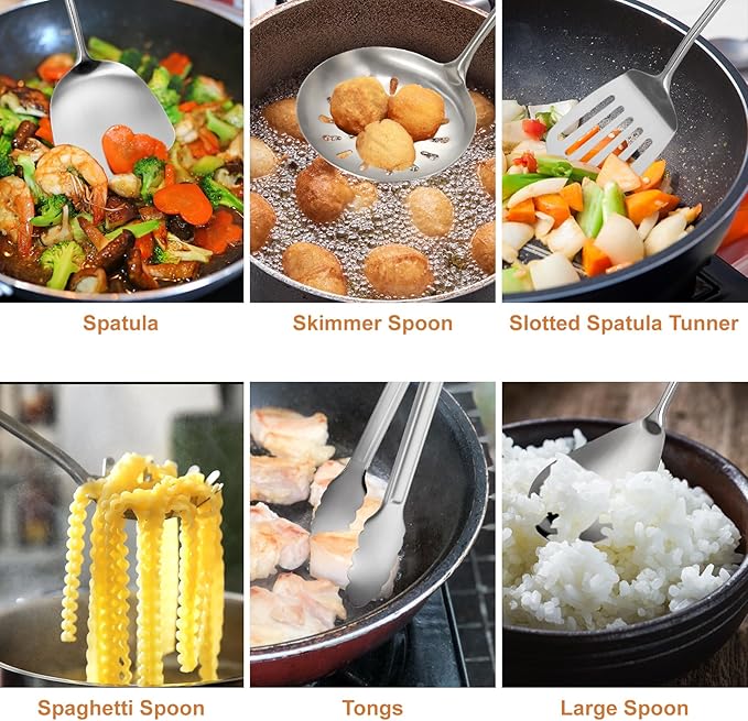 304 Stainless Steel Cooking Utensils Set, 12 Pcs Long Stainless Steel Kitchen Utensils Set, Metal Cooking Utensils Set with Potato Masher, Spoon, Ladle, Skimmer, Pasta Server etc(Dishwasher Safe)